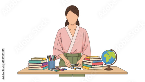 Teacher's Desk: A focused educator at her desk, surrounded by books and tools, ready to educate.
