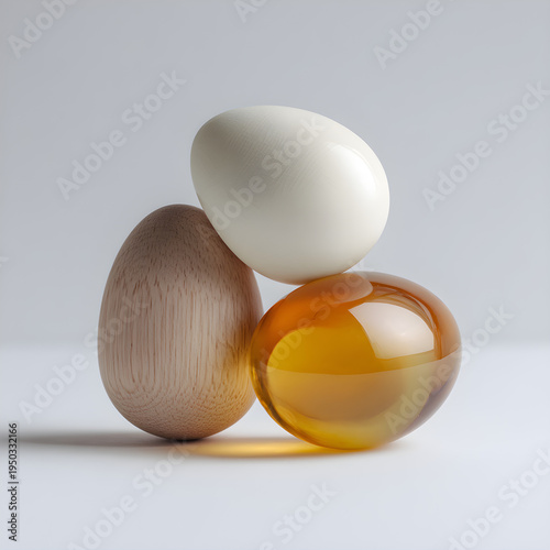 An arrangement of three eggs made of light-colored wood, white ceramic, and transparent glass on a white surface. - Image #2 @Ai content creator