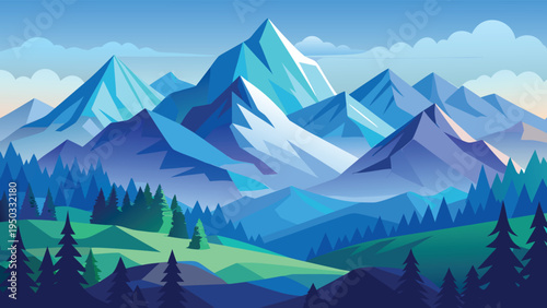 A stylized illustration of a mountain range with trees and hills