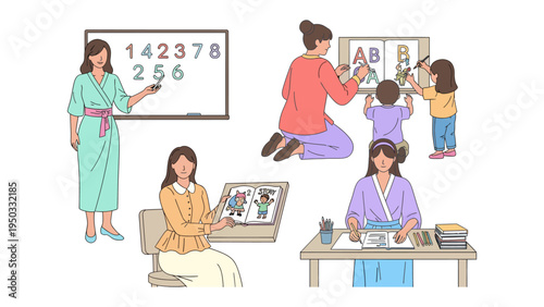 Early Education Ecosystem: A mosaic depicting teachers nurturing young minds through diverse activities, from number recognition to alphabet learning and creative expression. 