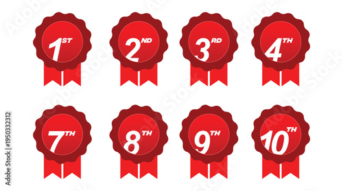 Red Award Badge Ribbon Set 1st–10th Place Winner Ranking Medal Icons