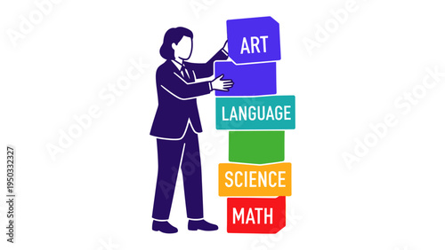 Stacking Knowledge: A person meticulously constructs a tower of colorful building blocks, each labeled with a core subject, highlighting the process of acquiring knowledge and education.