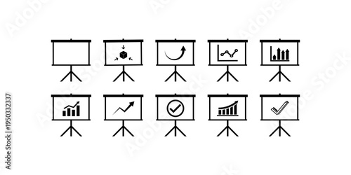 Presentation Board Icons Set Business Training and Analytics Line Symbols