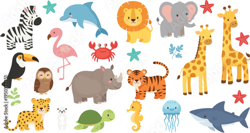 Cute Cartoon Animals Collection Wildlife Ocean and Safari Animal Vector Illustration Set