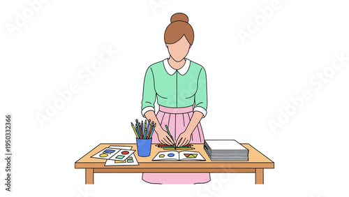 Creative Workspace: A figure meticulously arranges art supplies on a tidy wooden table, showcasing a passion for art and a dedication to the craft.