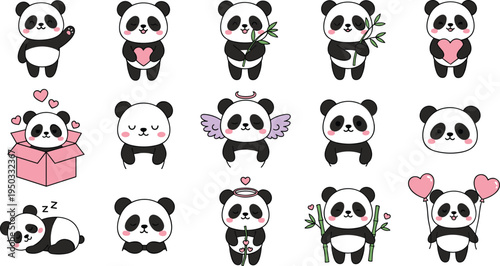 Cute Panda Cartoon Characters Collection with Love Hearts Bamboo and Funny Expressions Vector Illustration Set
