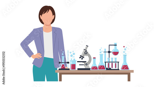Laboratory Science: A scientist stands confidently beside a lab table, a symbol of discovery and innovation. A meticulously arranged collection of beakers, a microscope.