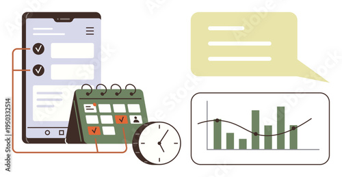 Productivity, schedule organization, task tracking, data analysis, project management, communication. Smartphone, calendar clock chat bubble and bar chart. Productivity and schedule organization