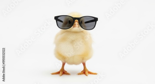 A cute fluffy yellow baby chick standing upright and wearing oversized black plastic sunglasses