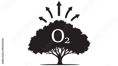 Oxygen Producing Tree Icon With O2 Symbol And Upward Arrows — Minimal Black-and-White Environmental Solid Silhouette Vector, Isolated On White