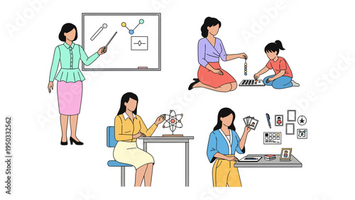 Inspiring Women in Academia: A compilation of illustrations showcasing women engaged in scientific and educational pursuits, embodying the essence of knowledge and mentorship. 