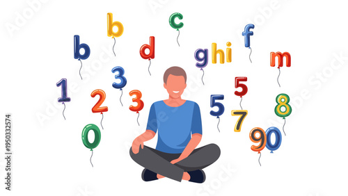 Literacy Dream: A person is surrounded by letters and numbers, in a scene that captures the essence of education, learning, and the power of knowledge and imagination. 