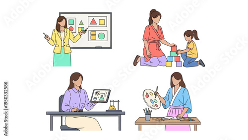 Diverse Education and Creative Learning: A collection of illustrations showcasing a teacher guiding students in various educational settings, from the classroom to creative activities. 