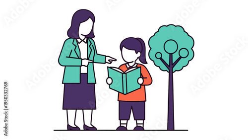 Educational Guidance: A teacher helps student with reading a book by the side of a small tree, which captures the essence of education and the nurturing of young minds.