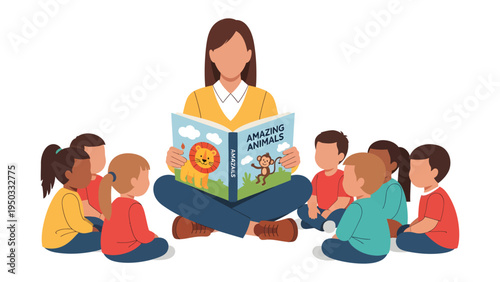 A Storytelling Moment: An educator captivates a circle of attentive children with a vibrant storybook, nurturing their imaginations and fostering a love for learning.