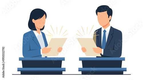 Debate Illustration: A depiction of a male and female standing at podiums, facing each other, each holding paper, engaged in a discussion or debate, embodying themes of communication, competition.