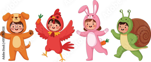 Cute Kids Wearing Animal Costumes Cartoon Children Costume Party Vector Illustration