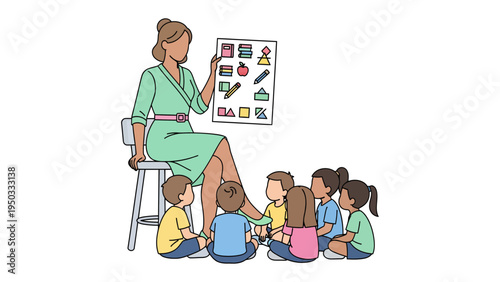 Kindergarten Class Interaction: A dedicated teacher captivates a circle of attentive children, using visual aids to spark their curiosity and engage them in a captivating educational session.