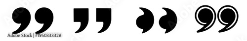 Set of stylized quotation mark symbols in multiple bold variations. Clean black punctuation icons for editorial design, typography, chat interface, citation and quote layouts.
