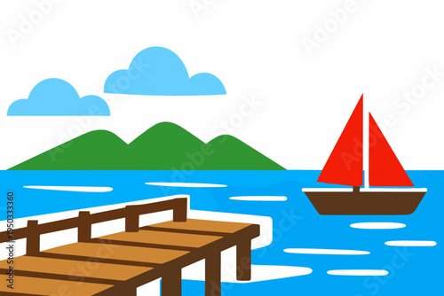 Coastal scene with wooden pier, red sailboat and distant green hills on blue water. Marine travel and peaceful harbor concept in flat vector landscape design.