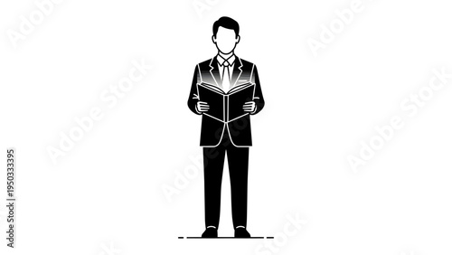 Scholar in Light: An illustration of a formally dressed person, illuminated by the radiant glow emanating from an open book held with reverence. Depicting knowledge and enlightenment.