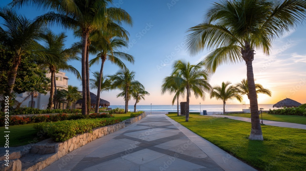Fototapeta premium Tranquil Beachfront Walkway at Sunset with Palm Trees and Ocean View