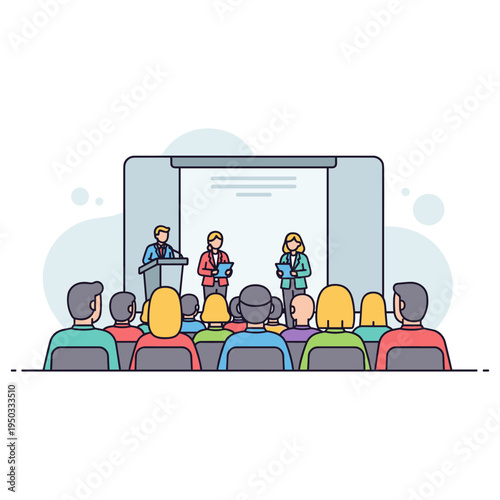 Audience watching panel speakers presenting on conference stage. non editable strokes