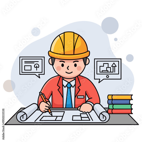 Engineer drawing blueprints at desk with construction plans. non editable strokes