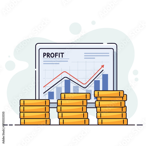Stacked coins with profit chart showing growth in background. non editable strokes