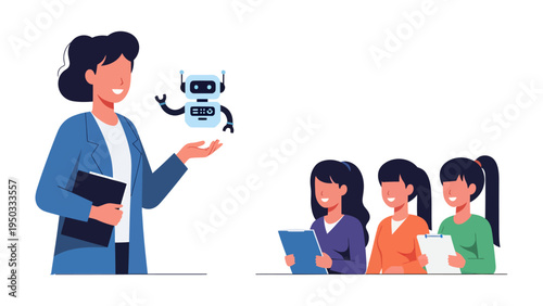 AI Chatbot Showcase: An inspiring scene unfolds as a skilled woman introduces the concept of an AI chatbot to a group of attentive students.