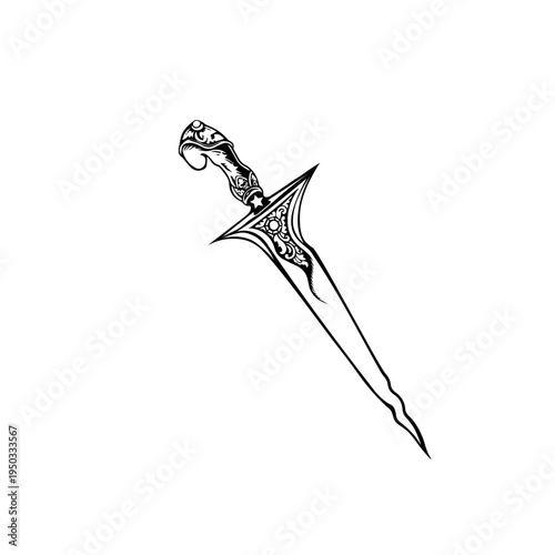 A black and white drawing of a fantasy dagger with an ornate hilt