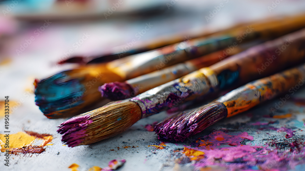 Fototapeta premium Artistic activity theme, bright messy aesthetic, sharp focus on bristles, and side copy space.
