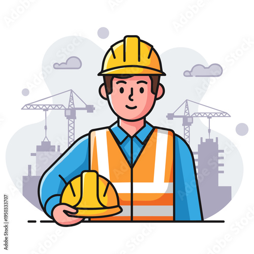Construction worker wearing helmet and vest at building site. non editable strokes