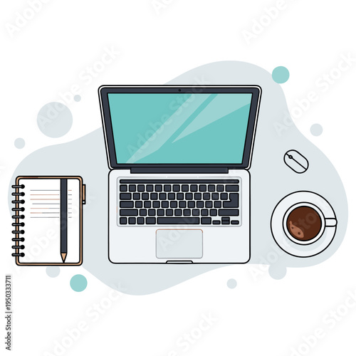 Laptop with notebook and coffee on desk workspace top view. non editable strokes