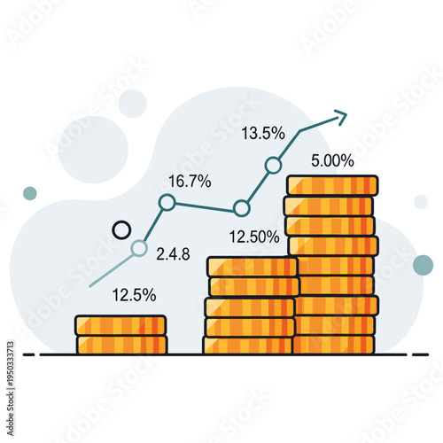 Coin stacks rising with upward chart in abstract business setting. non editable strokes