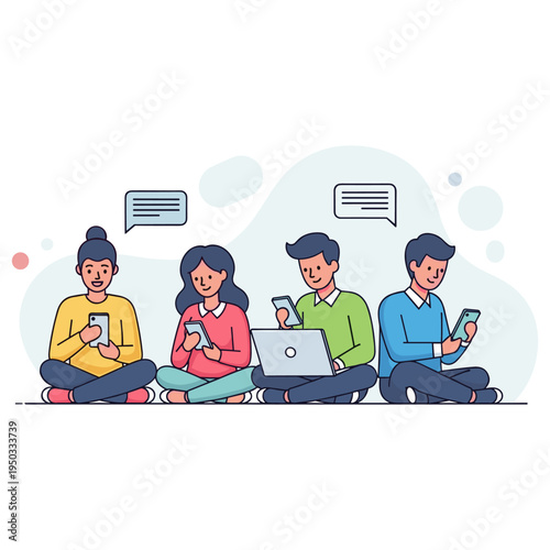 Group using devices and messaging while sitting together. non editable strokes