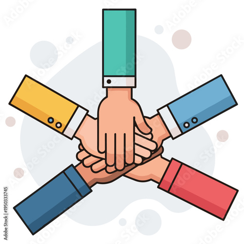 Diverse team joining hands in collaborative teamwork circle. non editable strokes