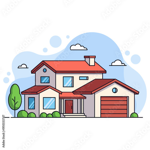 Suburban house with garage and landscaped yard illustration. non editable strokes