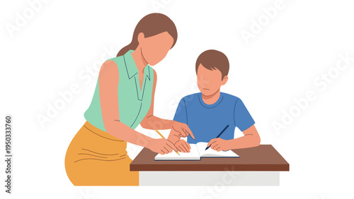 Tutoring Moments: A dedicated educator guiding a young student, fostering a moment of learning and growth, illustrated with clean lines and focus.