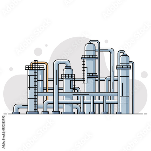 Industrial refinery towers processing pipes in factory setting. non editable strokes