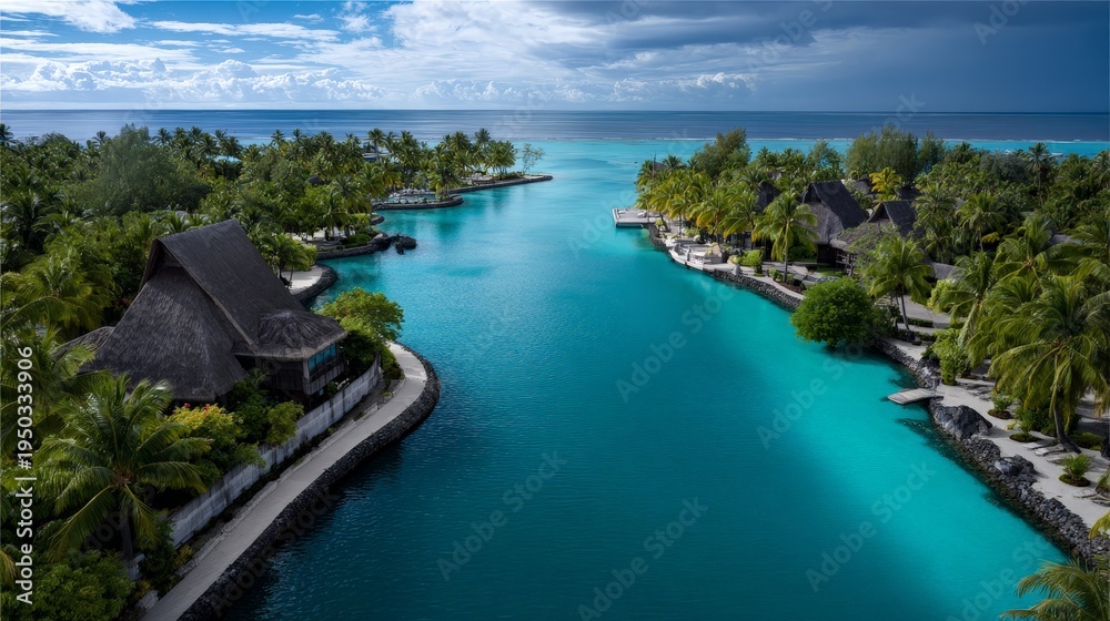 Fototapeta premium Aerial View of a Tropical Island Resort Surrounded by Turquoise Water