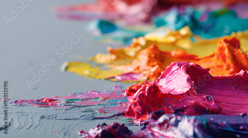 Artistic process theme, bright messy aesthetic, sharp focus on paint texture, and side copy space.