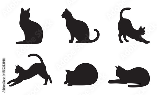 Minimalist cat silhouette set showing different feline postures like sitting and stretching for modern design