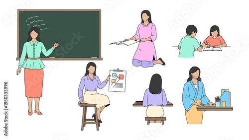 Teacher and Students: A collection of illustrations depicting a teacher engaging with students in various classroom scenarios, including instruction, study, and interaction.