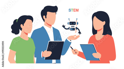 Team Innovators in STEM: A dynamic illustration depicting a team of individuals collaborating on a STEM project, with a robot and tablet in the focus