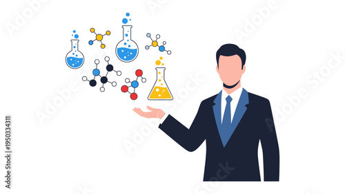 Scientist Innovation: A scientist's presentation of chemistry innovation by showing beakers with colorful chemical structures that are the core of scientific advancement and invention. 