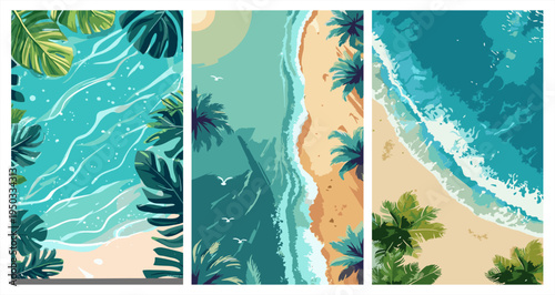 Set of artistic aerial beach landscape posters featuring turquoise ocean waves, tropical palm leaves, and sandy shores in a modern flat design style.