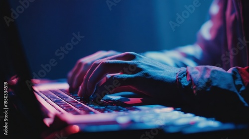 Hands typing on a laptop keyboard with colorful ambient lighting