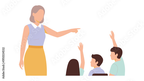 Education in Action: A teacher gestures towards students, symbolizing education, knowledge, and classroom interaction. A scene of a teacher in a classroom pointing towards her students.