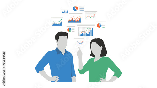 Business Data Visualization: Illustration of two individuals, immersed in a brainstorming session about financial analytics, surrounded by various data visualizations and charts.